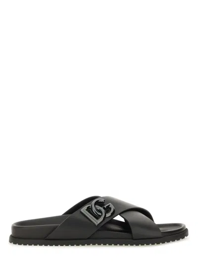 Dolce & Gabbana Calfskin Sandal With Cross-over Straps In Black