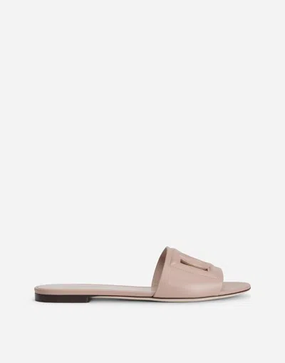 Dolce & Gabbana Calfskin Sliders With Logo In Pale Pink