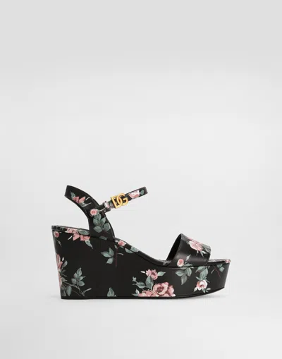 Dolce & Gabbana Calfskin Wedge Sandals With Rose Print In Multi