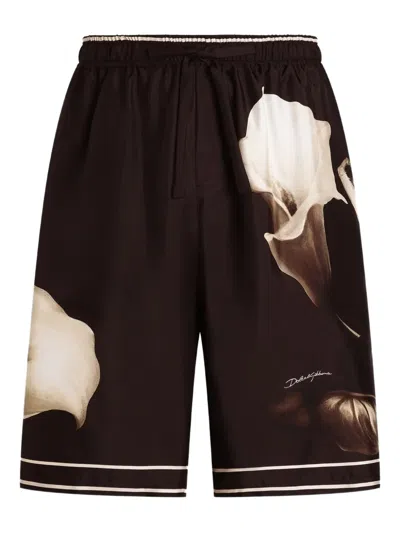 Dolce & Gabbana Calla Lily-print Drawstring Shorts In Brown