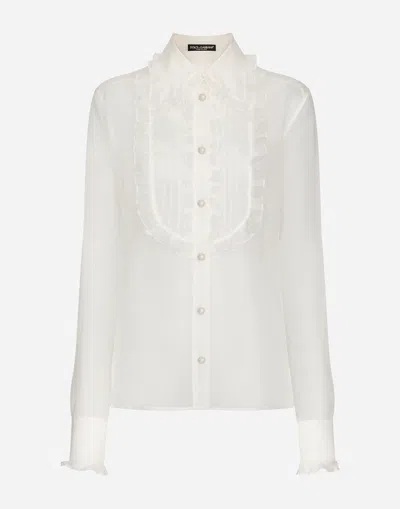 Dolce & Gabbana Camicia In Organza Con Plastron  E Volant In Bianco Naturale