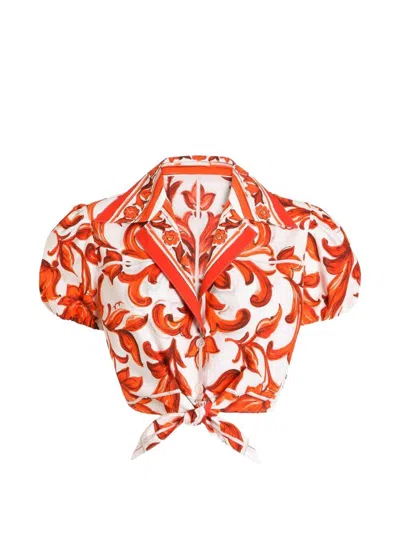 Dolce & Gabbana Camicia In Popeline Con Stampa Maiolica Bianca E Arancione Dolce E Gabbana