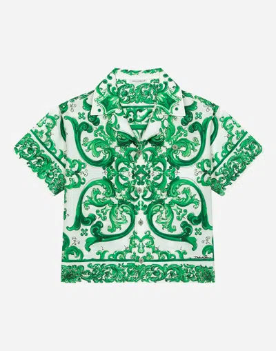 Dolce & Gabbana Kids' Camicia In Twill Con Stampa Maiolica Verde In Grün