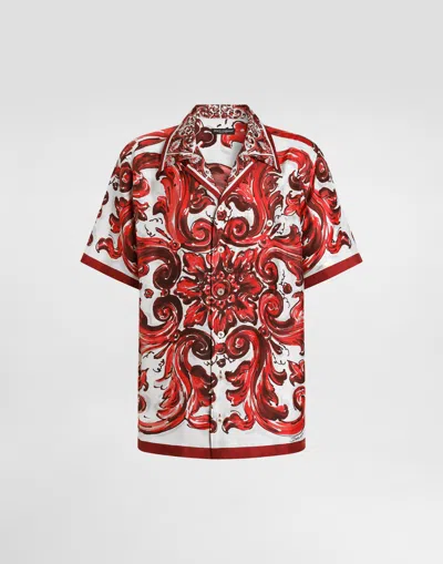 Dolce & Gabbana Silk Twill Hawaiian Shirt With Majolica Print In Red