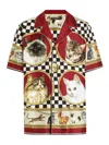 Dolce & Gabbana Cats Print Silk Bowling Shirt In Beige