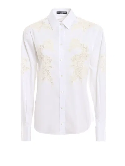 Dolce & Gabbana White Cotton And Lace Shirt In Brown