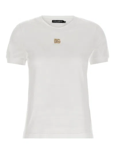 Dolce & Gabbana White Crewneck T-shirt With Logo Embroidery With Crystals On The Front In Cotton Woman