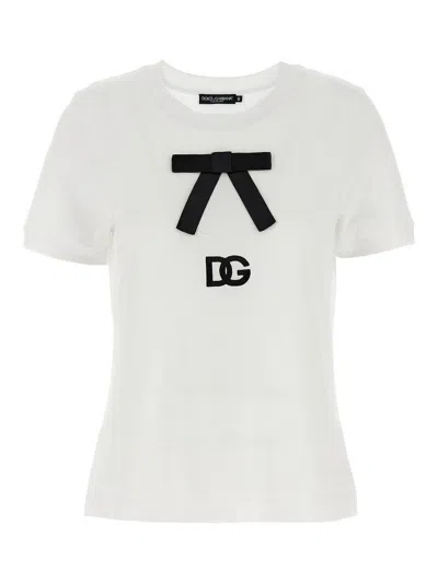 Dolce & Gabbana White T-shirt With Bow On The Front And Dg Logo In Multicolor