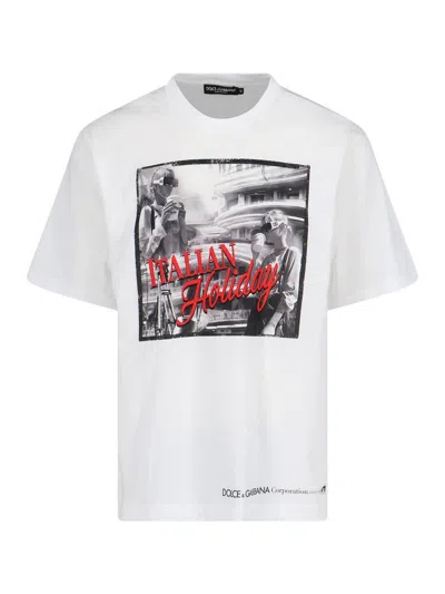 Dolce & Gabbana White Cotton Italian Holiday Print T-shirt