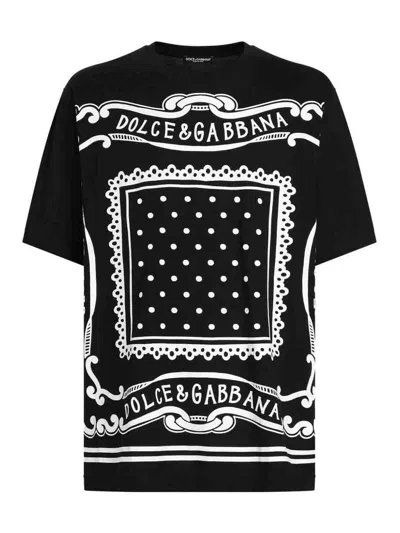 Dolce & Gabbana Men Black Crewneck T-shirt With Bandana Print All-over In Cotton Woman