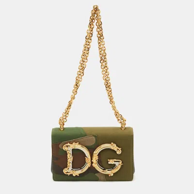 Pre-owned Dolce & Gabbana Camouflage Fabric Dg Girls Shoulder Bag In Green