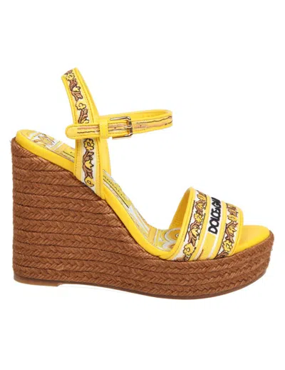 DOLCE & GABBANA DOLCE & GABBANA CANVAS AND LEATHER WEDGE SANDAL