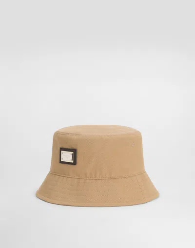 Dolce & Gabbana Canvas Bucket Hat With Branded Tag In Beige