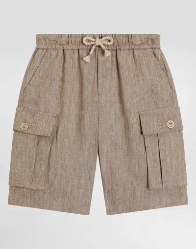 Dolce & Gabbana Canvas Cargo Shorts With Dolce&gabbana Logo In Beige