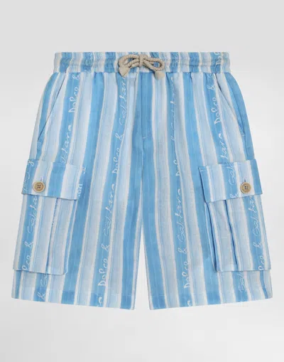 Dolce & Gabbana Canvas Cargo Shorts With Striped Print In Blue