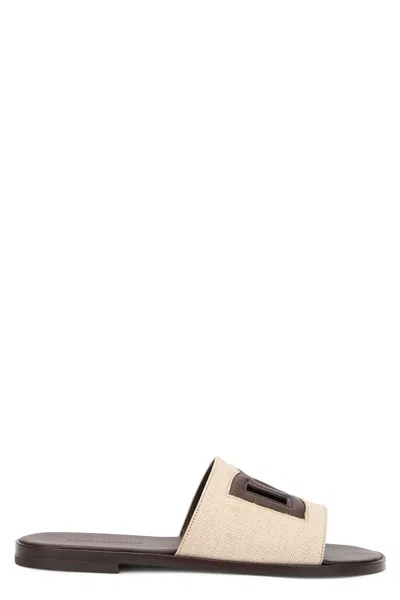 Dolce & Gabbana Canvas Slippers With Logo In Neutral