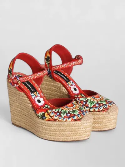 Dolce & Gabbana Canvas Wedge Espadrille Sandal Leather Trim In Brown