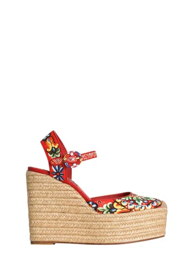 Dolce & Gabbana Printed Leather-trimmed Canvas Wedge Sandals In Multi