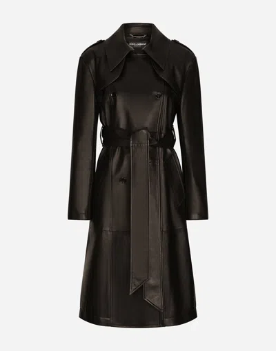 Dolce & Gabbana Belted Double-breasted Leather Coat In Black