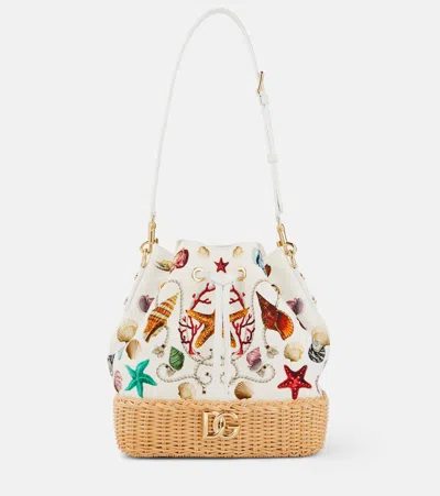 Dolce & Gabbana Capri Dg Raffia-trimmed Canvas Bucket Bag In Burgundy