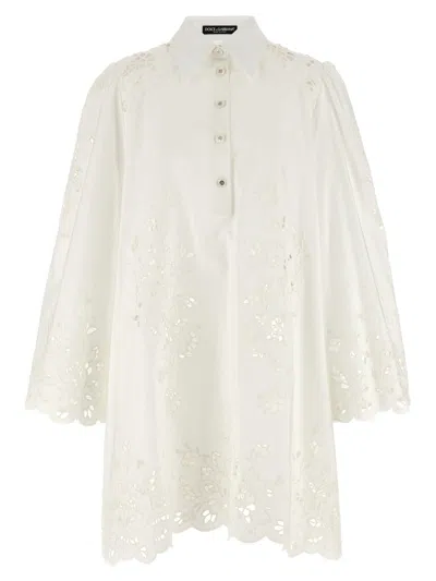 Dolce & Gabbana Sleeve Puff Embroidery Floral Hem Scalloped In White