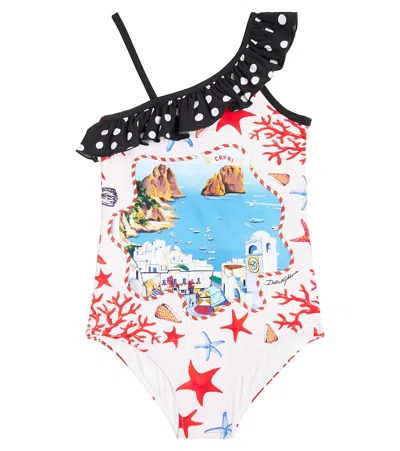 Dolce & Gabbana Kids' Capri Printed Ruffled Swimsuit In Multicoloured