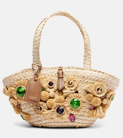 Dolce & Gabbana Capri Small Embellished Raffia Basket Bag In Sand