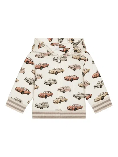 Dolce & Gabbana Babies' Car-print Zip-fastening Hoodie In Neutrals