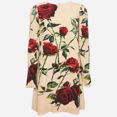 Pre-owned Dolce & Gabbana Caramel Beige Floral Print Crepe Mini Dress M
