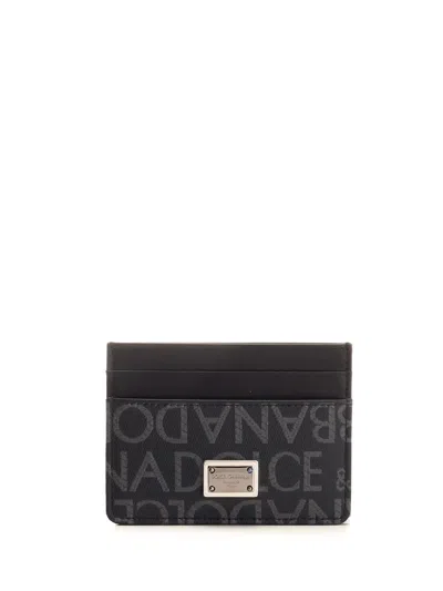 Dolce & Gabbana Card Holder With All-over Logo In Nero/grigio