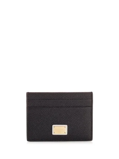 Dolce & Gabbana Black Leather Card Holder With Logo Plaque In Brown