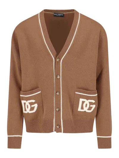 Dolce & Gabbana Crewneck Sweater With Ribbed Cuffs And Pockets In Brown