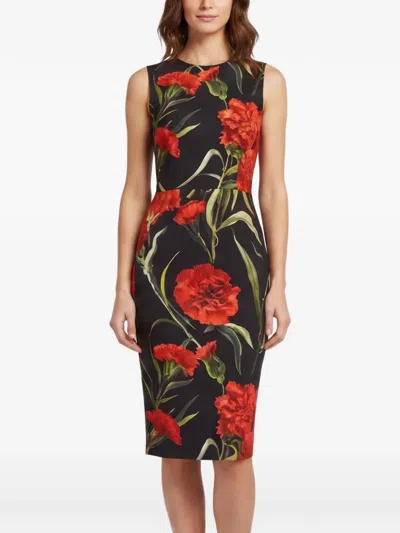 Pre-owned Dolce & Gabbana Carnation-print Pencil Midi Dress In Black