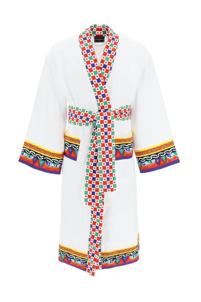 Dolce & Gabbana Carretto Siciliano Printed Trim Bathrobe In Multicolor