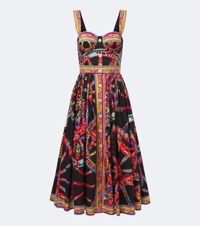 Dolce & Gabbana Sleeveless Carretto-print Poplin Button-front Midi Bustier Dress In Blue