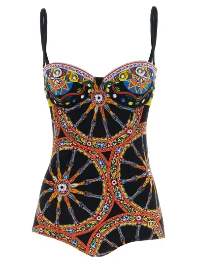 Dolce & Gabbana Carretto One-piece Swimsuit In Black