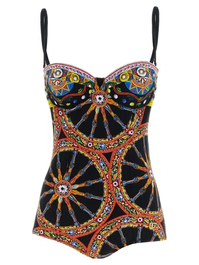 Dolce & Gabbana Sicilian Carretto Print Swimsuit In Black