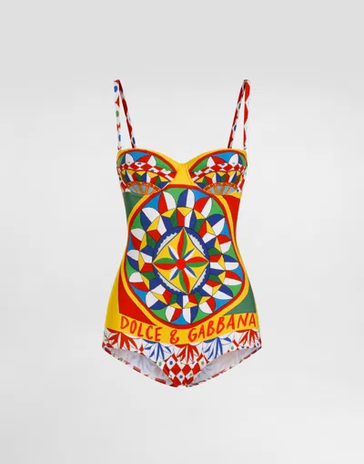Dolce & Gabbana Balconette One-piece Swimsuit With Carretto Print In Carretto_logo_rosso