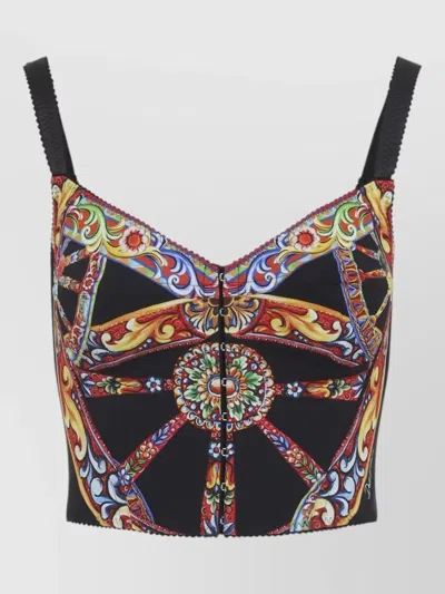 Dolce & Gabbana Carretto Print Charmeuse Cropped Corset Top In Black