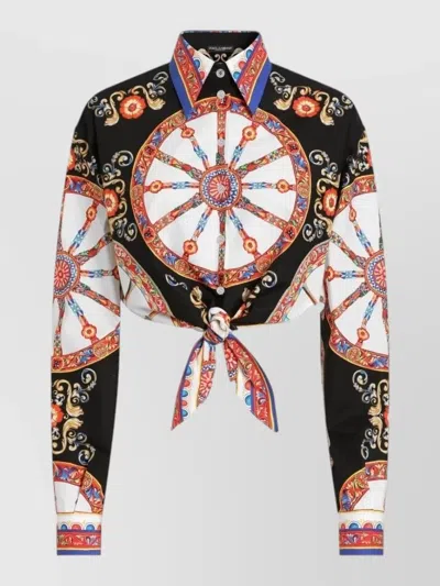 Dolce & Gabbana Carretto Print Cotton Cropped Tie Shirt In Multi