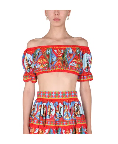 Dolce & Gabbana Graphic-print Off-shoulder Crop Top In Nude