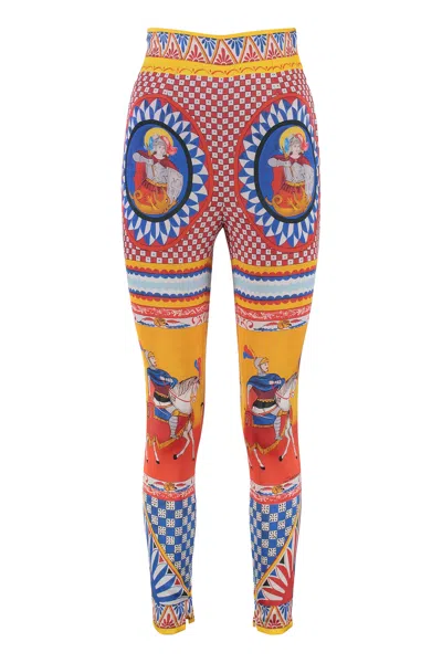 Dolce & Gabbana High Waist Leggings Stretch Fit Carretto Motif In Multi