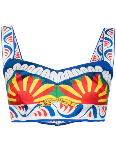 Dolce & Gabbana Carretto-print Silk Top In Blue