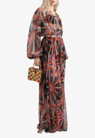 Dolce & Gabbana Carretto Print V-neck Chiffon Maxi Dress In Multi