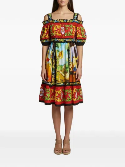 Pre-owned Dolce & Gabbana Carretto Siciliano Print Poplin Midi Dress In Red