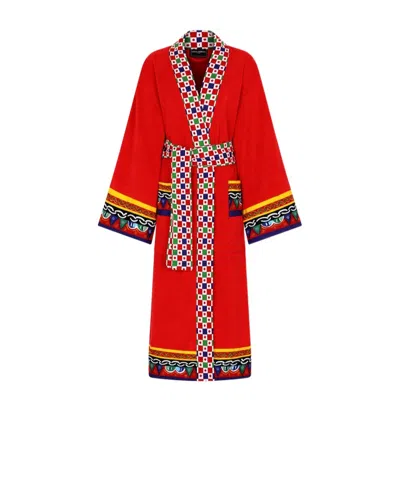 Dolce & Gabbana Carretto Siciliano Printed Trim Bathrobe In Multicolor