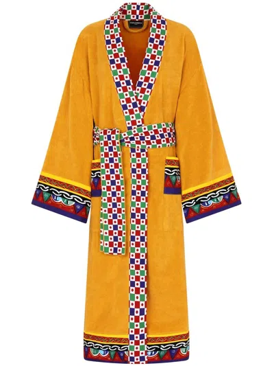 Dolce & Gabbana Carretto Siciliano Printed Trim Bathrobe In Yellow