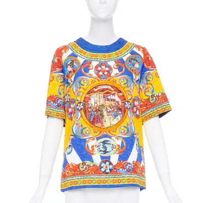 Pre-owned Dolce & Gabbana Dolce Gabbana Carretto Siciliano Yellow Blue Print Jacquard Tunic Top It40 S
