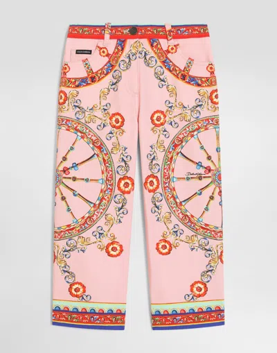 Dolce & Gabbana Kids' Carretto-print Five-pocket Denim Trousers In Gold