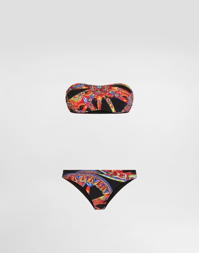 Dolce & Gabbana Carretto-print Bandeau Bikini In Multi